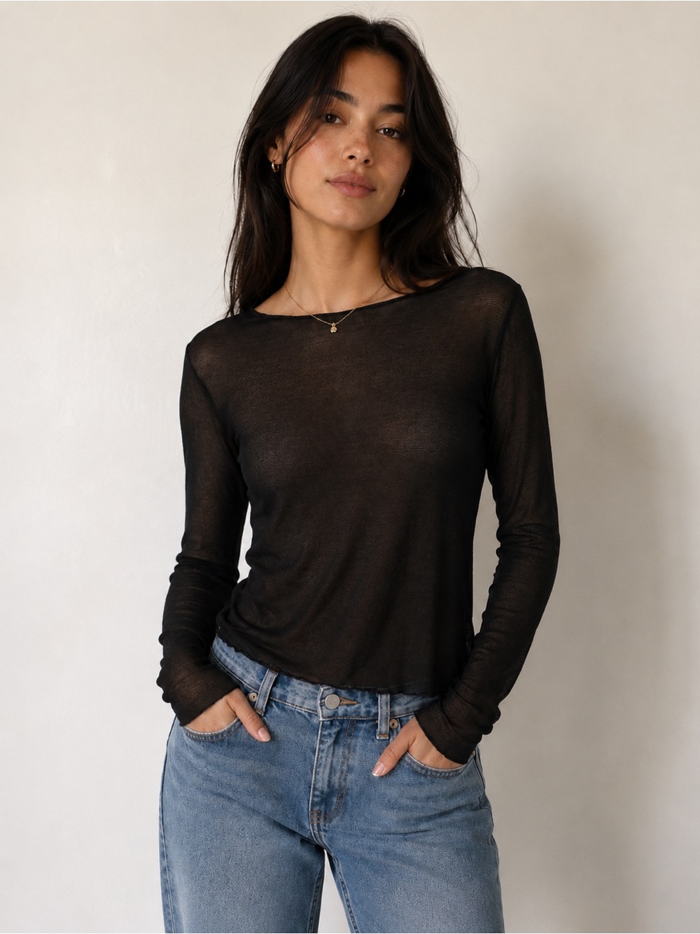 Zara Sheer Long Sleeve Top – Black, Size Medium